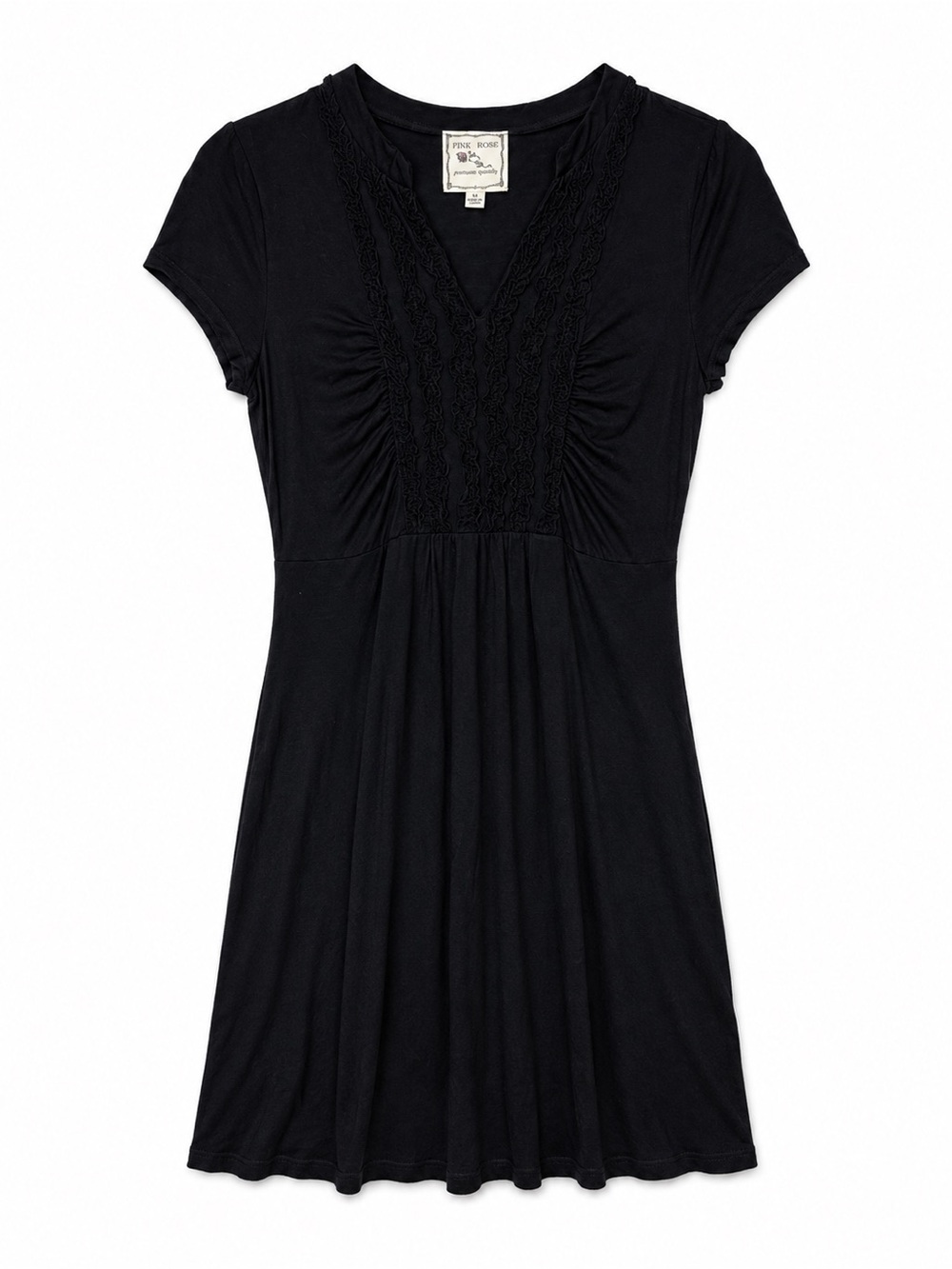 Pink Rose Black Ruched V Neck Mini Dress Size M Short Sleeve Empire Waist
